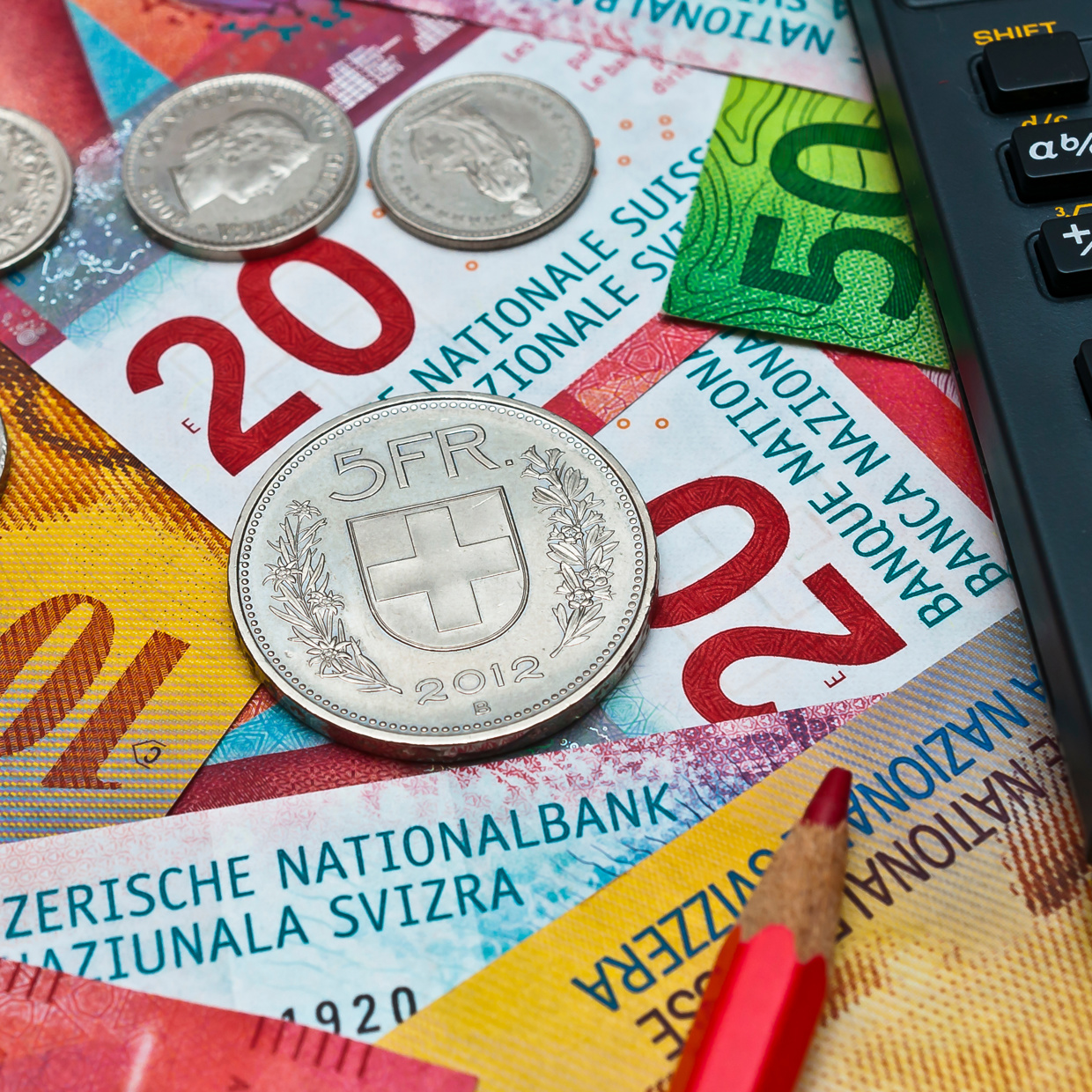 20er- und 10er-Noten, Kleingeld und ein Taschenrechner